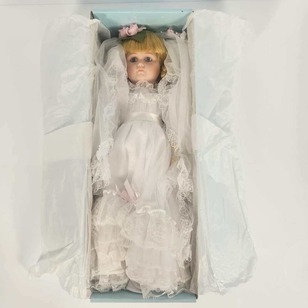Vintage Porcelain Bride Doll in Wedding Gown with Lace Veil New in Box 15 inch
